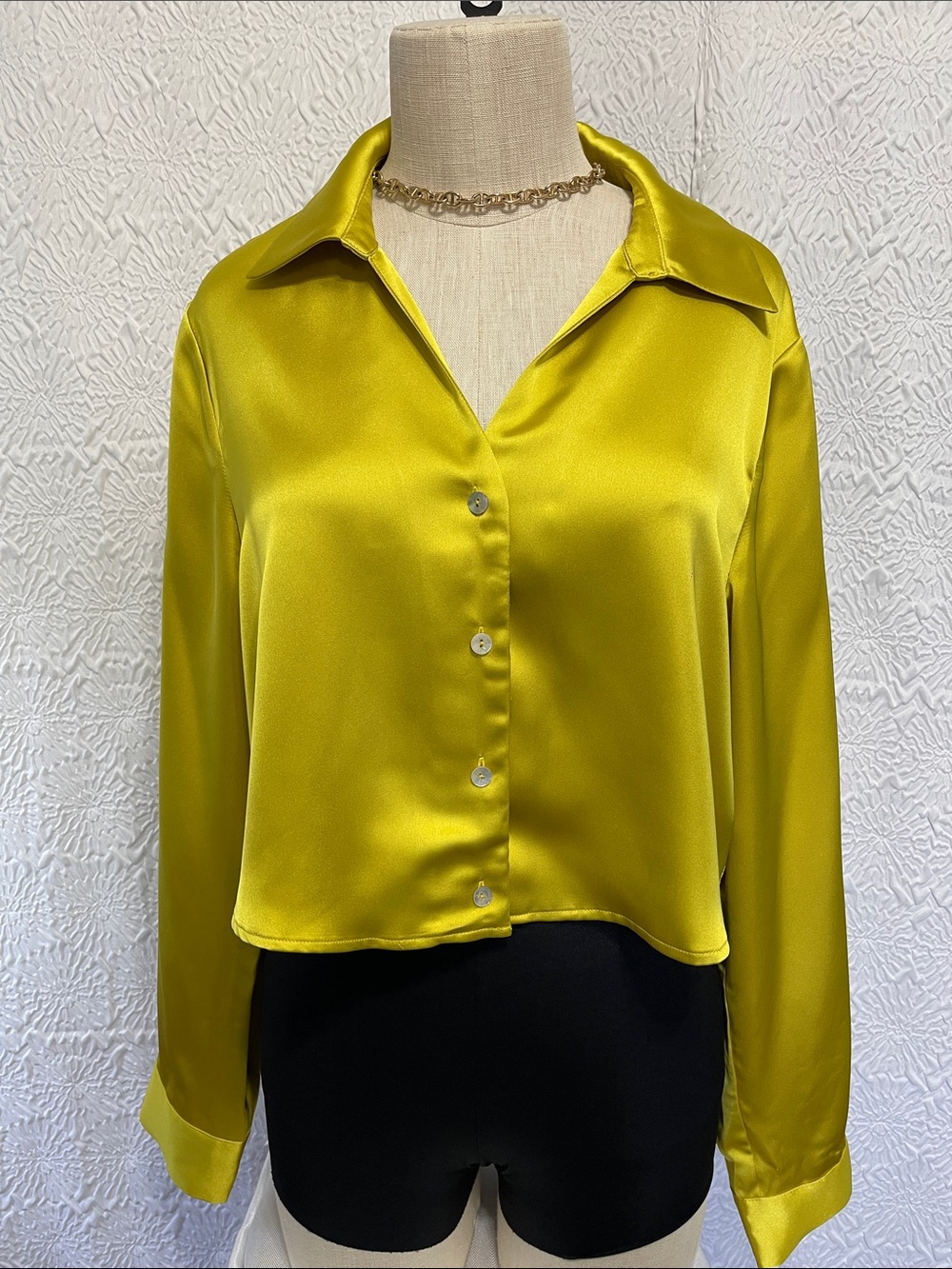 Rachel Zoe Satin Button-Down Crop Blouse in Chartreuse